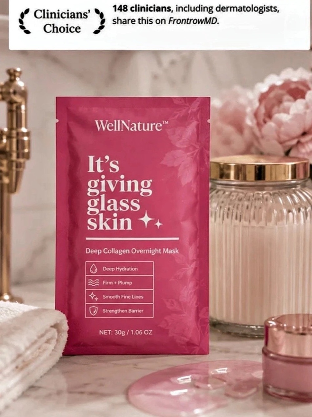 🚨NWT 4 pk WellNature It's Giving Glass Skin Deep Collagen Overnight Mask Pink